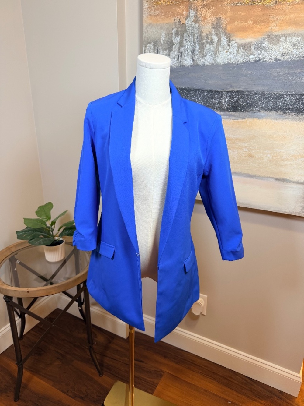 INC International Concepts Blue Blazer Jacket Small Open Front Ruched Sleeve